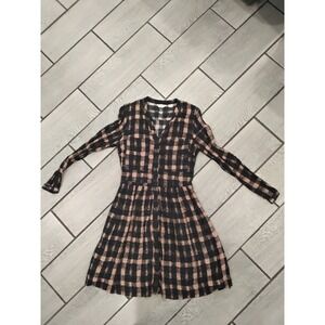 TYLHO Women's Plaid Button Front Shirt Dress Medium Black Tan Long Sleeve